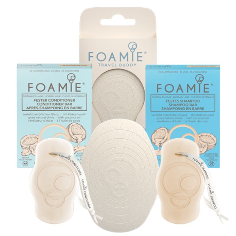 Travel kit foamie shampoo sólido + acondicionador sólido + jabonera