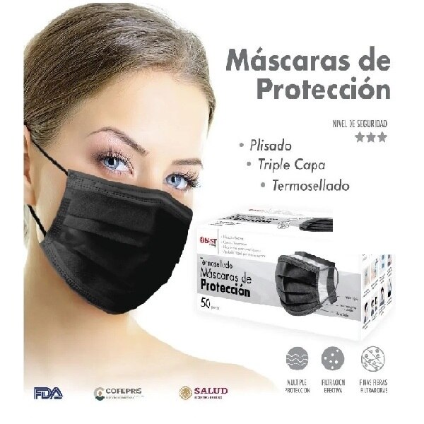 100 Pcs Cubrebocas Tricapa Termosellado Plisado Ajuste Nasal Negro