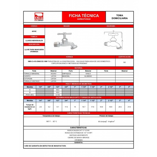 Llave De Compresion Cromada De 1/2 Para Manguera 4019c Dica 