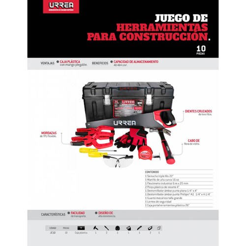 Jgo Herramientas Carpintero Caja Plastica Gafas 10 Pzs Urrea 