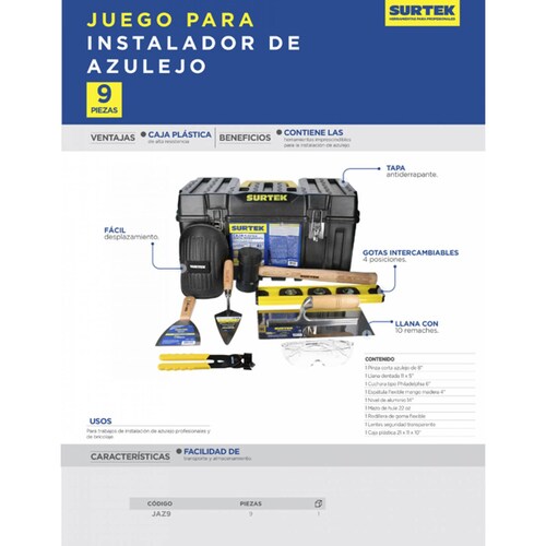 Juego Herramientas Para Instalador De Azulejo 9 Pzas Surtek 