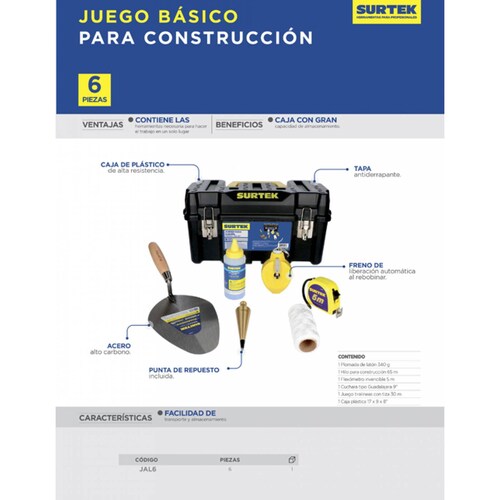 Juego Herramientas Albañil 6 Pzas Con Caja Plastica Surtek 
