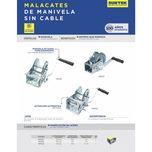 Malacate Thirfor Mini Grua De Ganchos Sin Cable 650kg Surtek 