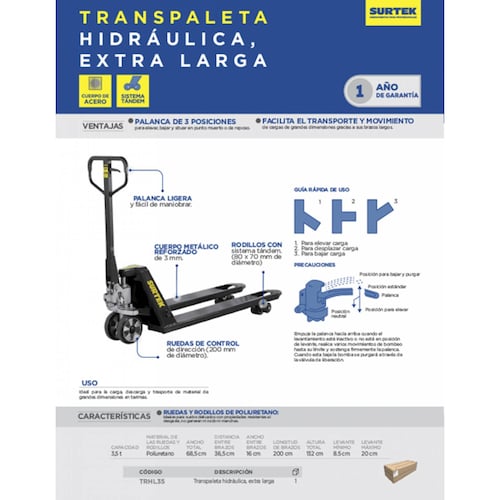 Transpaleta Patin Hidraulico Largo De 3.5 Toneladas Surtek 