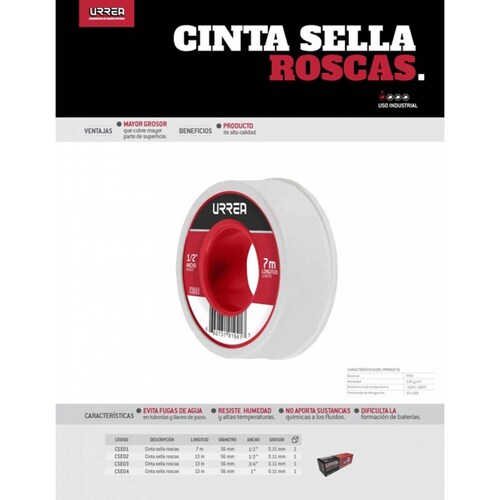 Cinta Teflon Sella Roscas 3/4in De Uso Rudo Industrial Urrea 