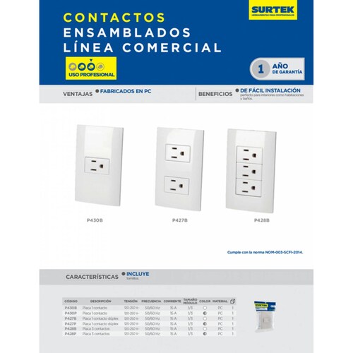 Placa Contacto Doble Blanco 1/3 Para Pared Hogar Casa Surtek 