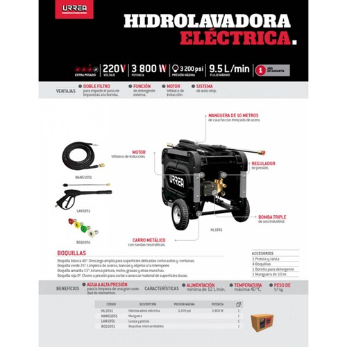 Hidrolavadora Electrica Uso Rudo + Pistola + Boquillas Urrea 