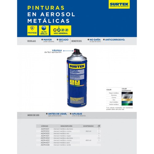 Pintura Aerosol Spray Lata Metalico Plata 300ml Hogar Surtek 