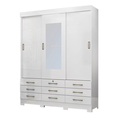 Ropero Armario Closet Doble Vista Gris Blanco Espejo Cajones 