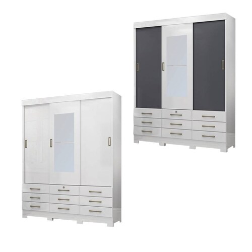 Ropero Armario Closet Doble Vista Gris Blanco Espejo Cajones 