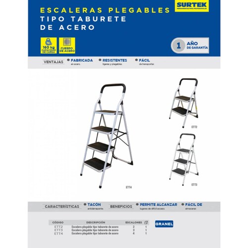 Escalera Tubular Plegable Taburete Acero 3 Escalones Surtek 