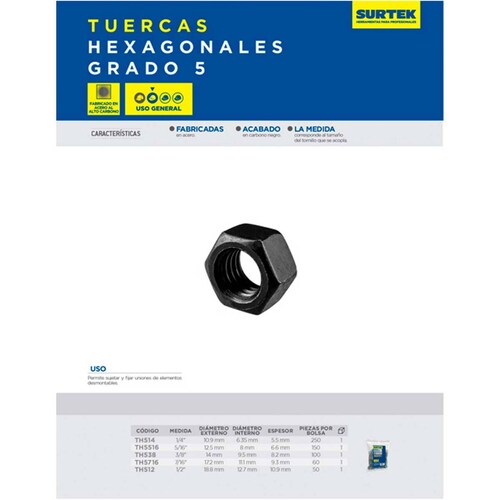 Kit Tuercas Hexagonales 5/16in 150pzs Acero Tornillos Surtek 