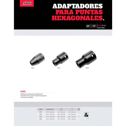 Adaptador Impacto Punta Hexagonal 1/4in Para Taladro Urrea 