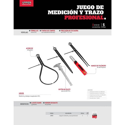 Compas Divesor Interiores Exteriores + Escuadra 5 Pzas Urrea 