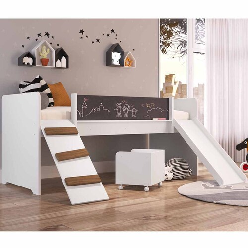 Cama Individual Resbaladilla Escaleras Pizarron 183cm Niños