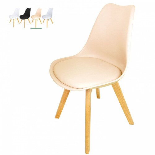 Silla Tipo Eames Madera Tulip Asiento Acolchonado Vinipiel Beige Multicolor