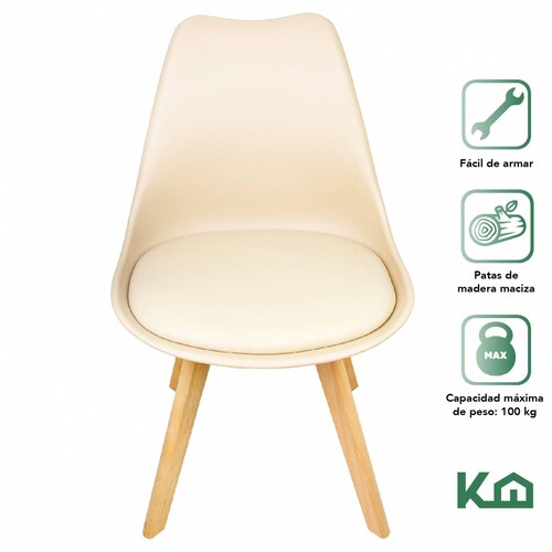 Silla Tipo Eames Madera Tulip Asiento Acolchonado Vinipiel Beige Multicolor