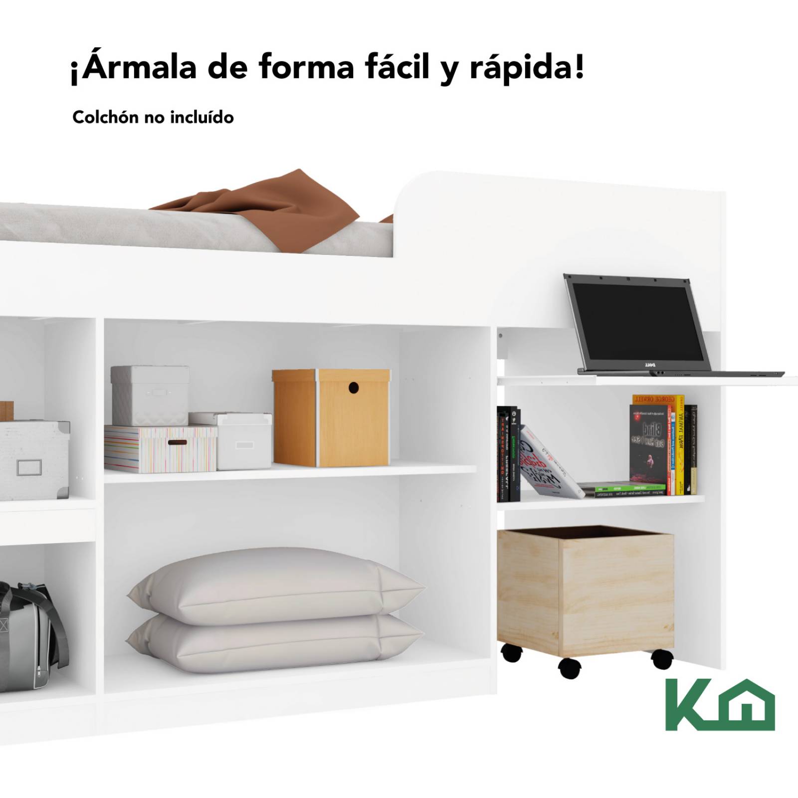 Cama Con Escritorio Litera Individual Blanca Base KingsHouse