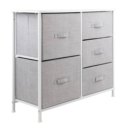 Comoda Cajonera 5 Cajones Mueble Organizador de Tela Madera Gris con Marco Blanco