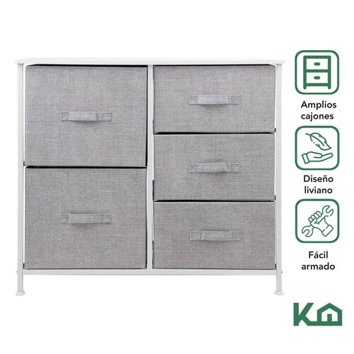 Comoda Cajonera 5 Cajones Mueble Organizador de Tela Madera Gris con Marco Blanco