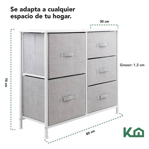 Comoda Cajonera 5 Cajones Mueble Organizador de Tela Madera Gris con Marco Blanco