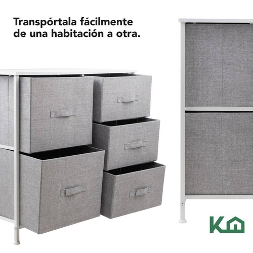 Comoda Cajonera 5 Cajones Mueble Organizador de Tela Madera Gris con Marco Blanco