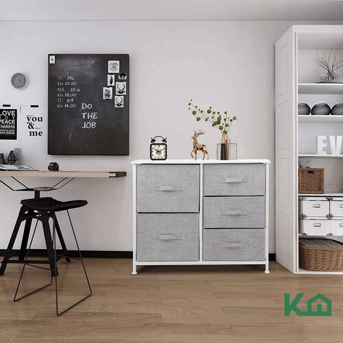 Comoda Cajonera 5 Cajones Mueble Organizador de Tela Madera Gris con Marco Blanco