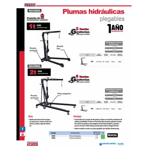 Pluma Hidráulicas 2 Toneladas Plegable 2494 Urrea 