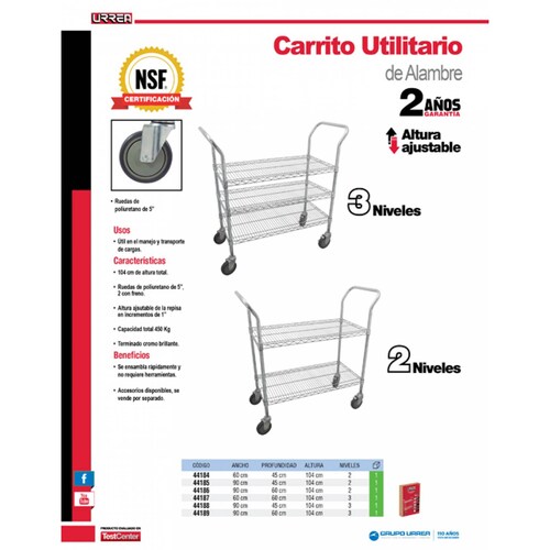 Carrito Utilitario 3 Repisas De 36 X24 cromado 44189 Urrea 