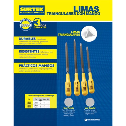 Lima Triangular Regular Con Mango 8 Pulgadas 120298 Surtek 