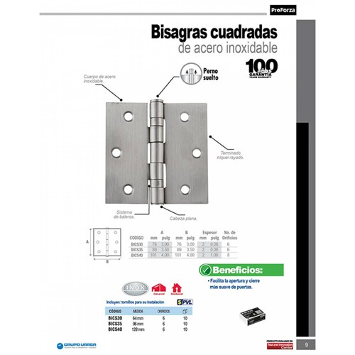 Bisagra Cuadrada Acero Inoxidable 4 X 4 In Bics40 Proforza 