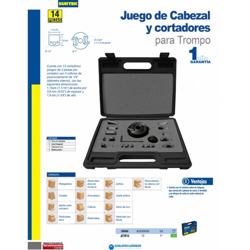 Juego Cabezal Y Cortadores Para Trompo Eje 1 Pulgadas Surtek 