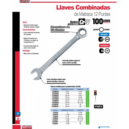 Llave Combinada Con Matraca 1 1/8 1236cm Urrea 