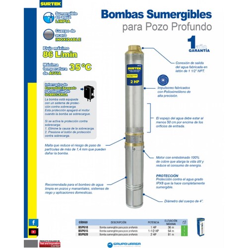 Bomba Sumergible Pozo Profundo 1 1/2 Hp Bsp615 Surtek 