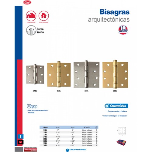 Bisagra Arquitectónica Balero, Latón Brillante 4-1/2 Lock