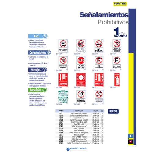 Letrero Prohibido Alimentos Señal Prohibitiva 1 Pieza Surtek 