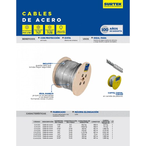 Cable Acero Pvc 7x19 3/16x457m Cap236 Surtek 