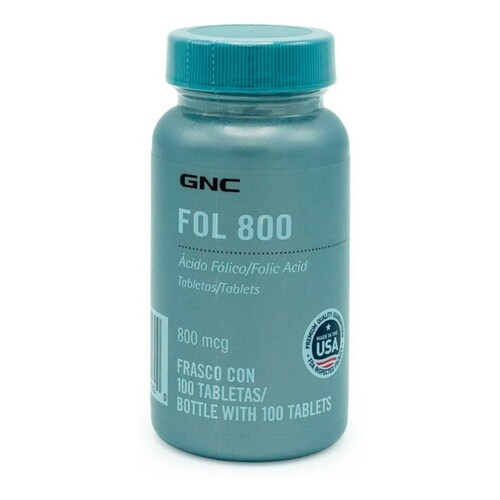 Ácido Fólico 800 Mcg Fol 800 Gnc 100 Tabletas Sin Sabor