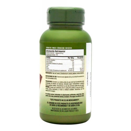 Suplemento Alimenticio Canela 500mg Herbal Plus Gnc 100 Cáps