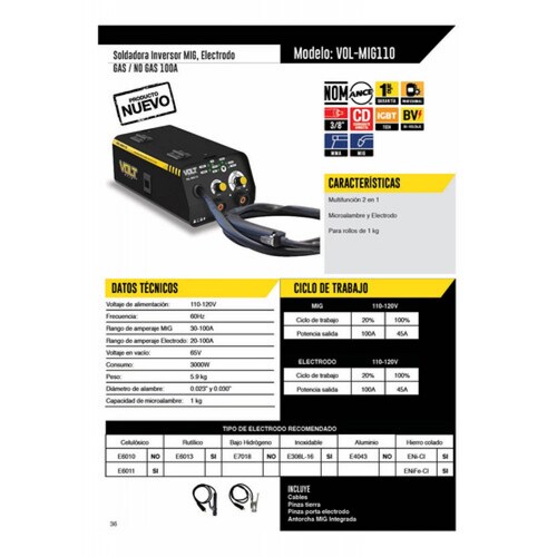 Soldadora Inversor Mig  No Gas 110v Rollo Vol mig110 Volt