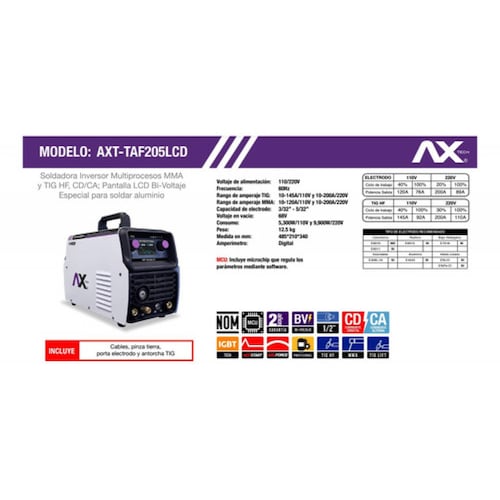 Soldadora Inversor Tig Hf Axt taf205lcd Axtech