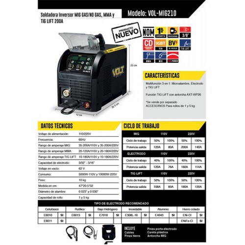 Soldadora Inversor Mig Gas No Gas mma 120a 110v Vol mig210