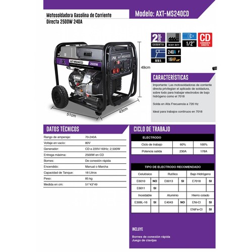 Motosoldadora Gasolina 240A 220V 60Hz Mod  AXT MS240CD 