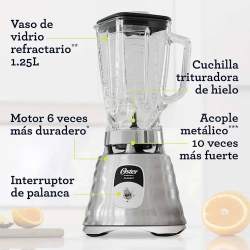 Licuadora 1 Velocidades + Pulso Vaso de Vidrio Clásica Cromo Oster Blst4127.