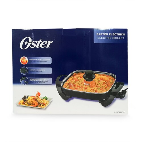 Sartén Electrico Con Antiadherente y Tapa de Vidrio Negro Oster CKSTSK1712