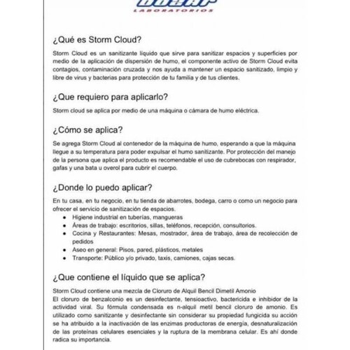 LIQUIDO SANITIZADOR STORM CLOUD PARA MAQUINA DE HUMO 20 LITROS 