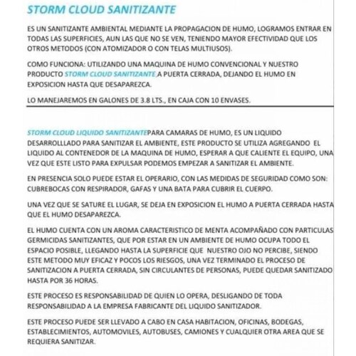LIQUIDO SANITIZADOR STORM CLOUD PARA MAQUINA DE HUMO 20 LITROS 