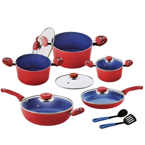 Batería de Cocina 10+2 Tulum Roja Cerámica Azul