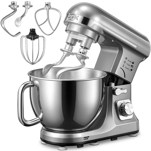 Batidora de Pedestal Aicok Doble gancho 5 L 6 Vel Plata