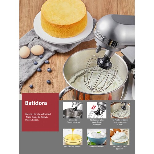 Batidora de Pedestal Aicok Doble gancho 5 L 6 Vel Plata